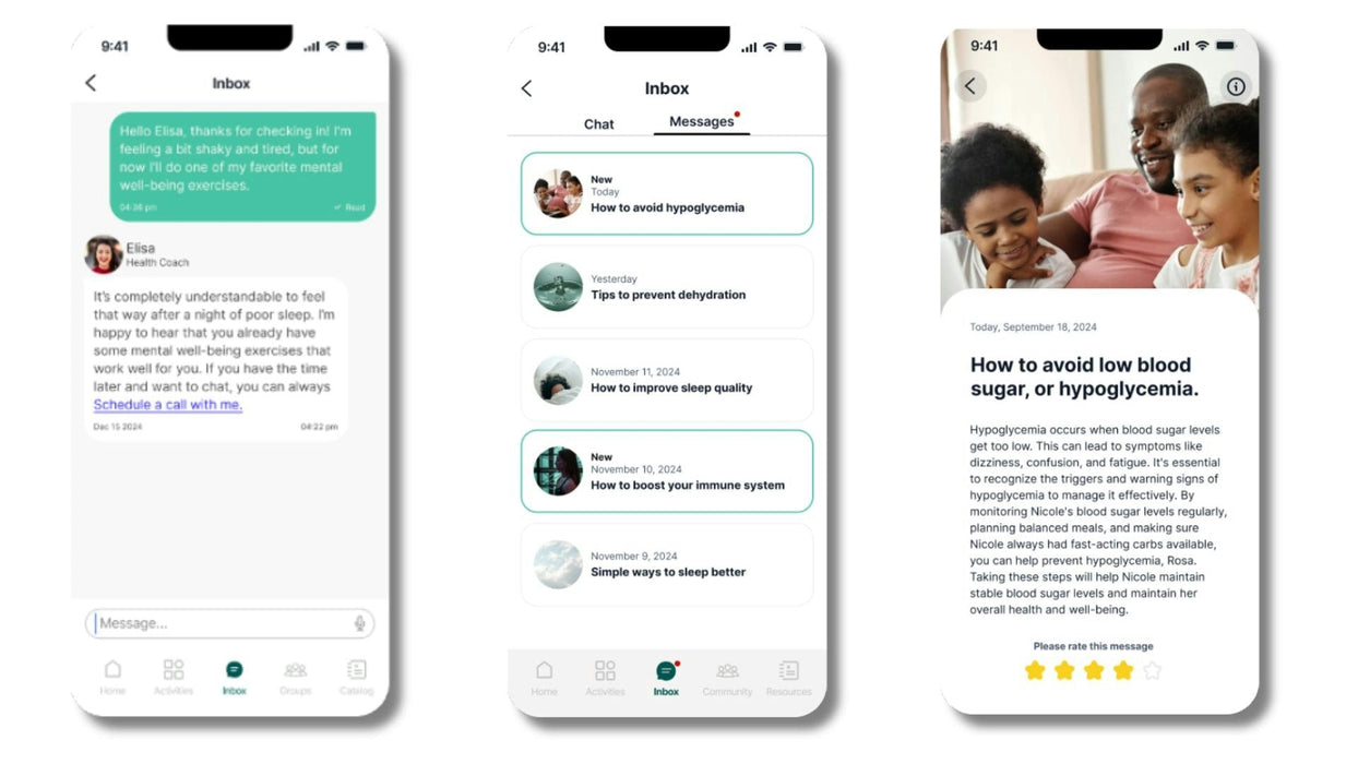 Three smartphone screens showing a health app with messages and articles.