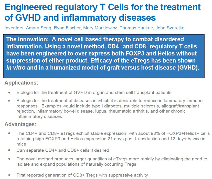 IP License - FOXP3+ Helios+ Engineered Regulatory T cells