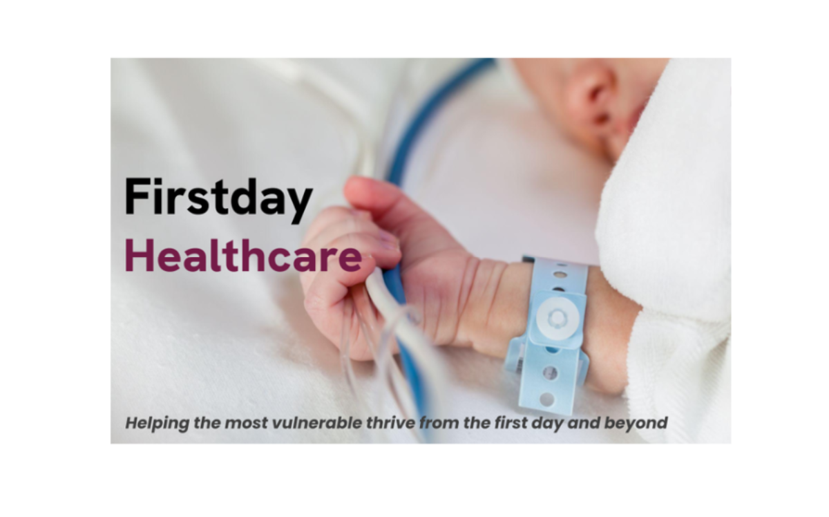 Newborn baby being held with 'Firstday Healthcare' text overlay
