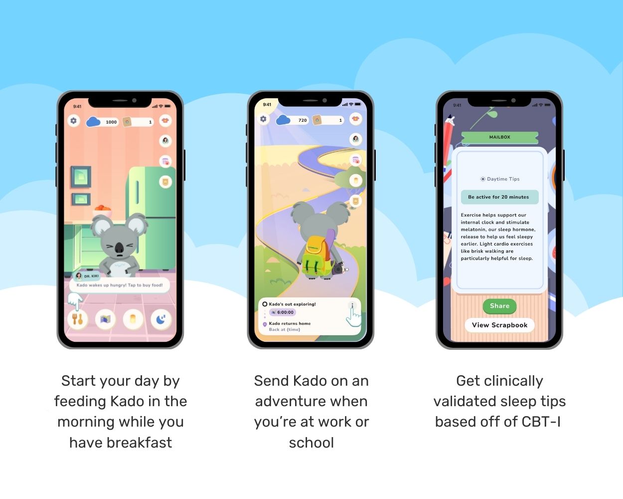 Three smartphone screens displaying an app interface with a cartoon koala character on a blue background.