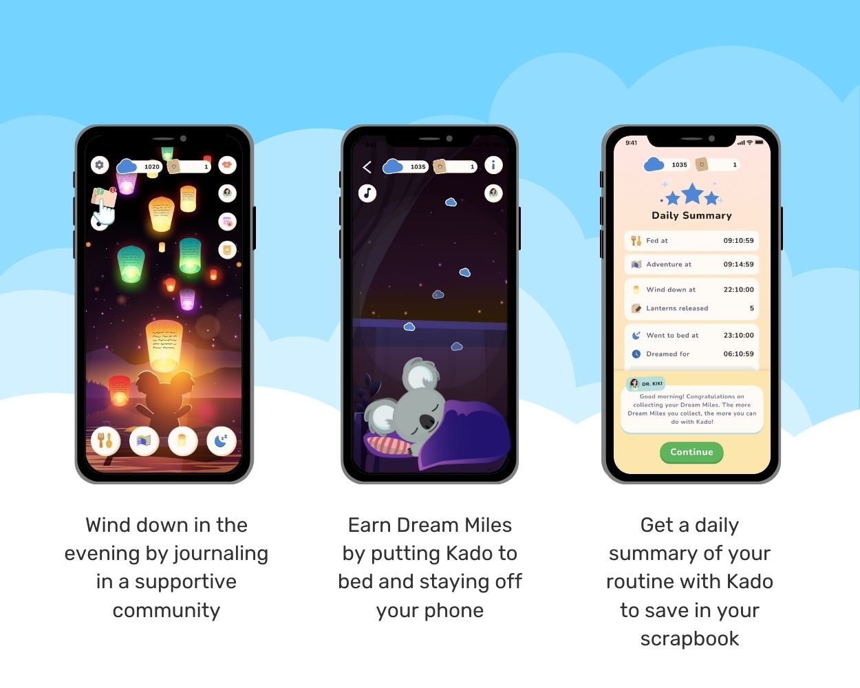 Three smartphone screens displaying app features with a blue and white background.