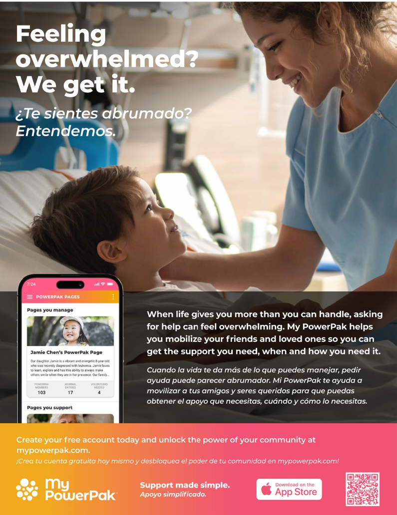 Advertisement for My PowerPak app showing a woman and child with text about feeling overwhelmed and seeking support.