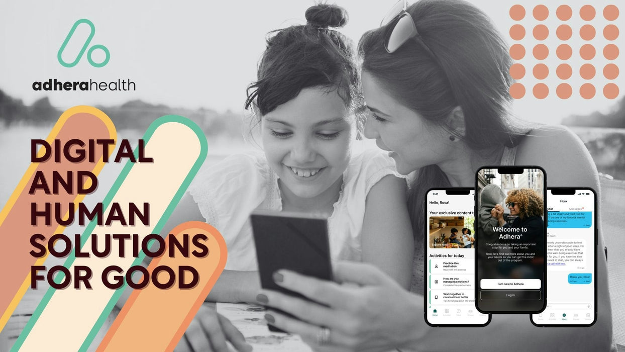 Two women looking at a phone with Adhera Health branding and digital solutions graphics.