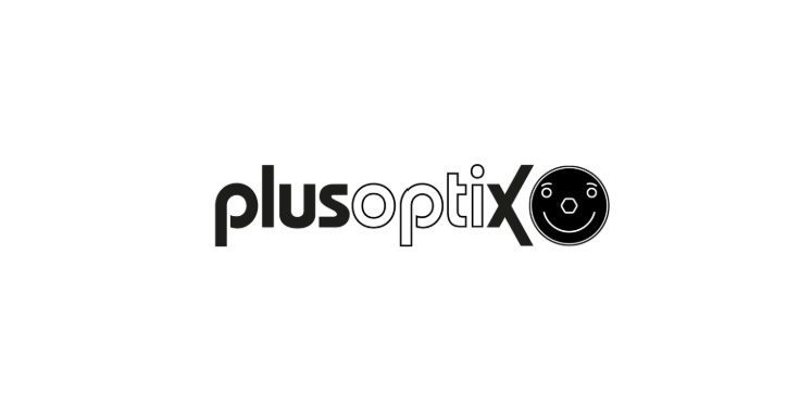 Black 'plusoptix' logo on a white background