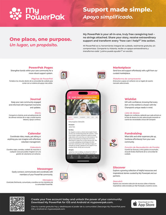 My PowerPak app infographic with features and smartphone display on a white background