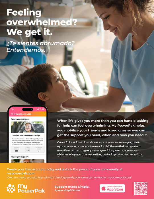 Advertisement for My PowerPak app showing a woman and child in a hospital room.