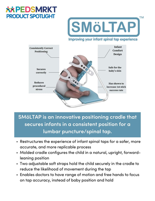 Advertisement for SMöLTAP infant spinal tap positioning cradle with text highlighting its features.
