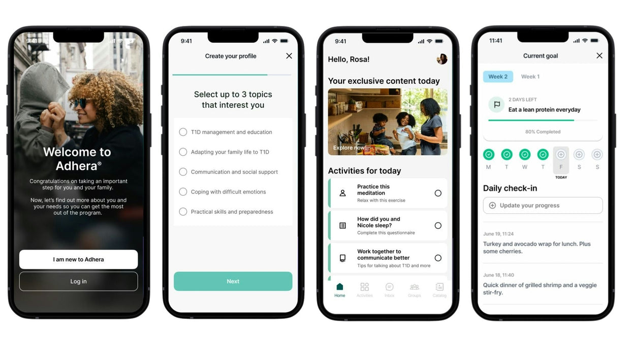 Four smartphone screens showing different features of a mental health app.